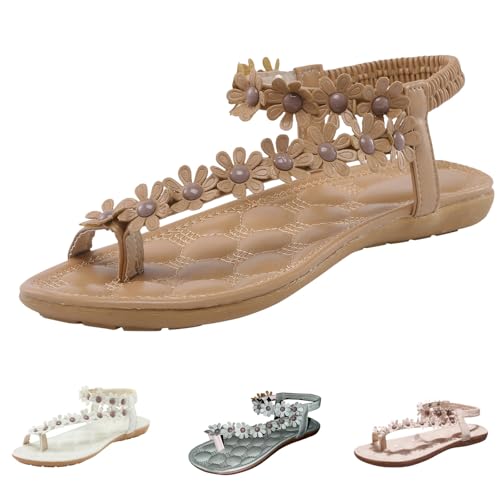 Sandalen Damen Sommer Flach Bequem Römer Zehentrenner Weite Sandaletten Elegant Boho Strand Riemchensandalen Flip Flops Breite Füße Leder Orthopädische Slipper mit Blumen Pantoletten Baumwolle von pvucpot