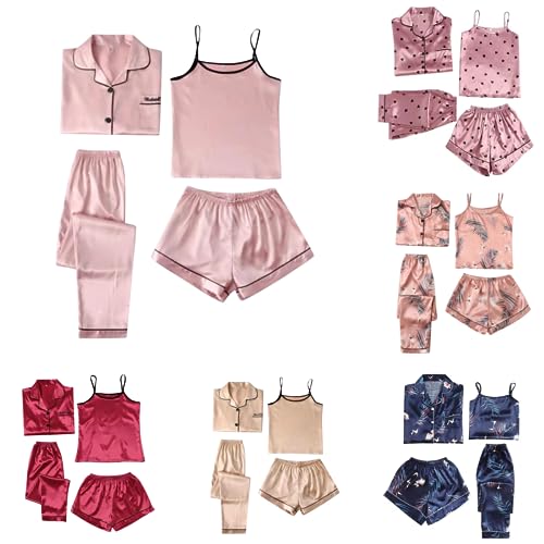Satin Pyjama Damen Kurz 4-teiliges Schlafanzug Kurzarm Nachtwäsche Cami and Shorts Set Frauen Pjs Sets Hausanzug Loungewear Schlafanzug Plaid Pajamas Set Nachtwäsche Schlafhose Schlafanzüge Hausanzug von pvucpot