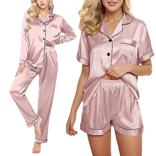 Satin Schlafanzug Damen Lang 4-teiliges Pyjama Sets Cami Top and Shorts Set Nachtwäsche Frauen Seidenpyjama von pvucpot