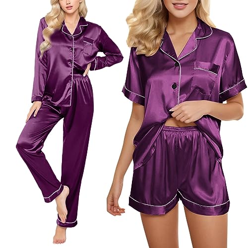 Satin Schlafanzug Damen Lang 4-teiliges Pyjama Sets Cami Top and Shorts Set Nachtwäsche Frauen Seidenpyjama von pvucpot