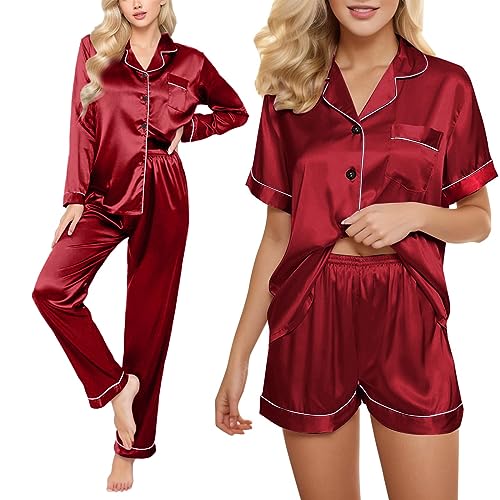 Satin Schlafanzug Damen Lang 4-teiliges Pyjama Sets Cami Top and Shorts Set Nachtwäsche Frauen Seidenpyjama von pvucpot