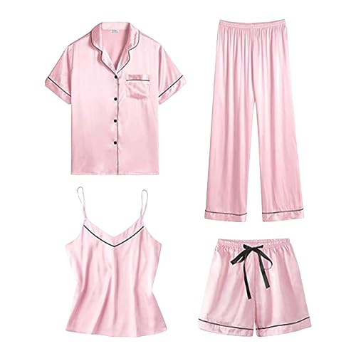 Satin Schlafanzug Damen Lang 4-teiliges Pyjama Sets Cami Top and Shorts Set Nachtwäsche Frauen Seidenpyjama von pvucpot