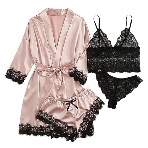 Schlafanzüge Nachthemd Set für Damen Satin Morgenmantel Spitze Lace Bademantel Shorts Rock Hosen Nightwear von pvucpot