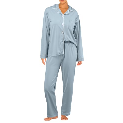 Schlafanzug Damen Pyjama Damen Langarm Pyjama Set mit Knopfleiste Nachtwäsche V-Ausschnitt Zweiteiliger Pjs Sets Hausanzug von pvucpot