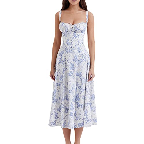 Sleeveless Corset Fit Midi Dress Spaghetti Strap Sundress Solid Color Print Bustier High Waist A Line Dress with Pockets Damenkleid von pvucpot