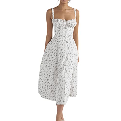 Sleeveless Corset Fit Midi Dress Spaghetti Strap Sundress Solid Color Print Bustier High Waist A Line Dress with Pockets Damenkleid von pvucpot