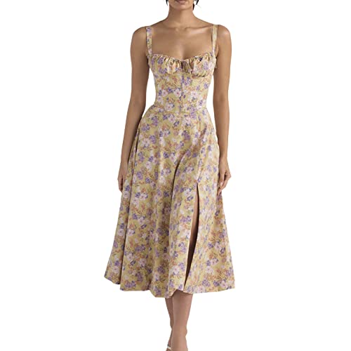 Sleeveless Corset Fit Midi Dress Spaghetti Strap Sundress Solid Color Print Bustier High Waist A Line Dress with Pockets Damenkleid von pvucpot