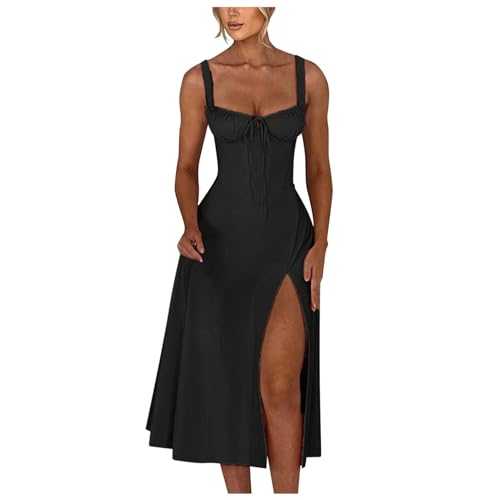 Sleeveless Corset Fit Midi Dress Spaghetti Strap Sundress Solid Color Print Bustier High Waist A Line Dress with Pockets Damenkleid von pvucpot