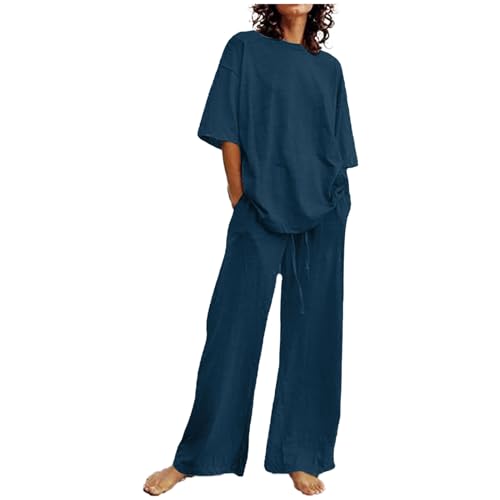 Sommer Outfits Damen 2 Teiler Freizeitanzug Baumwolle Leinen Kurzarm Top Hose Set Lässig Einfarbig Trainingsanzug mit Taschen Freizeithose Rundhals Oberteil Shirt und Weitem Bein Hosen Outfit von pvucpot