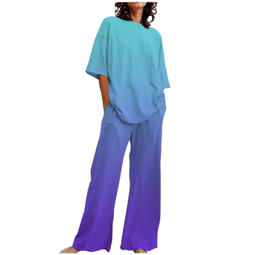 Sommer Outfits Damen 2 Teiler Freizeitanzug Baumwolle Leinen Kurzarm Top Hose Set Lässig Einfarbig Trainingsanzug mit Taschen Freizeithose Rundhals Oberteil Shirt und Weitem Bein Hosen Outfit von pvucpot