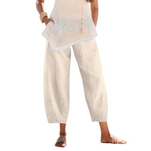 Sommerhosen Damen 7/8 Leinenhose Weite Beine Hose Loose Fit Elastischem Bund Sommer Mit Leichte Haremshose Einfarbig mit Taschen Schmetterling Pusteblume Drucken von pvucpot