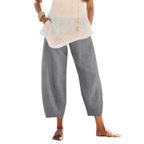 Sommerhosen Damen 7/8 Leinenhose Weite Beine Hose Loose Fit Elastischem Bund Sommer Mit Leichte Haremshose Einfarbig mit Taschen Schmetterling Pusteblume Drucken von pvucpot