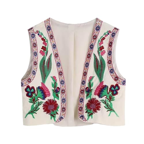 Vintage Blumen Stickerei Kurze Weste Jacke Ärmellose Ethnische Bestickte Weste Traditionelle V-Ausschnitt Boho Westen für Frauen Patchwork Hippie Tops Vest von pvucpot