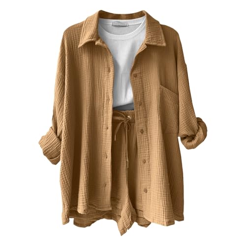 Zweiteiler Damen Sommer Musselin Bluse Hemd und Shorts Clothes Elegant Aesthetic Lounge Set Strand Outfit Set Two Piece Mode Leicht Urlaub Freizeit Oberteile Strand Loungewear Freizeitanzug Outfit von pvucpot