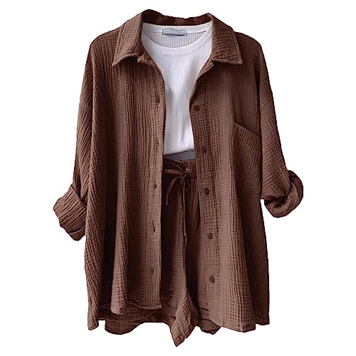 Zweiteiler Damen Sommer Musselin Bluse Hemd und Shorts Clothes Elegant Aesthetic Lounge Set Strand Outfit Set Two Piece Mode Leicht Urlaub Freizeit Oberteile Strand Loungewear Freizeitanzug Outfit von pvucpot
