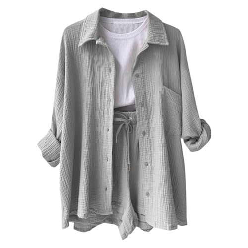 Zweiteiler Damen Sommer Musselin Bluse Hemd und Shorts Clothes Elegant Aesthetic Lounge Set Strand Outfit Set Two Piece Mode Leicht Urlaub Freizeit Oberteile Strand Loungewear Freizeitanzug Outfit von pvucpot