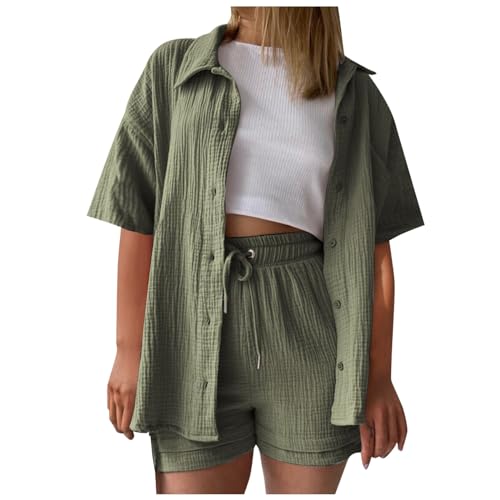 Zweiteiler Damen Sommer Musselin Kurzarm Bluse Hemd und Shorts Zweiteiler Sommer Elegant Aesthetic Lounge Set Strand Outfit Set Two Piece Mode Leicht Urlaub Freizeit Oberteile Strand Outfit von pvucpot