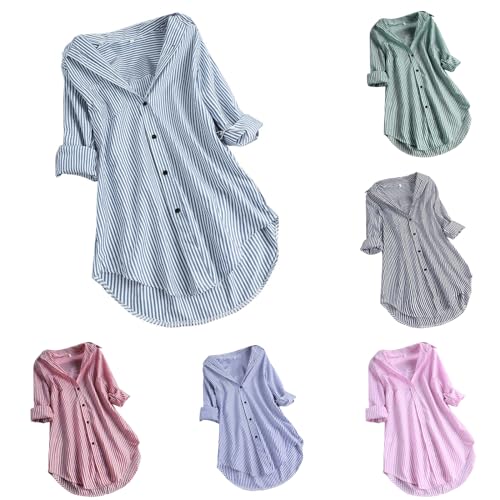 pvucpot Bluse Damen Modisches Gestreiftem Druck Langarmshirt Umlegekragen Langen Ärmeln Oberteile Button Down Hemden Übergroße Hemdbluse Unregelmäßigem Tunika Tops Plus Size Locker Blusentops von pvucpot