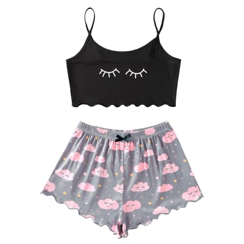 pvucpot Damen Cami Schlafanzug Pyjama Set Spaghettiträger Crop Top Short Sets Süßer Pyjama Sommer Schlafanzüge Schlafi von pvucpot