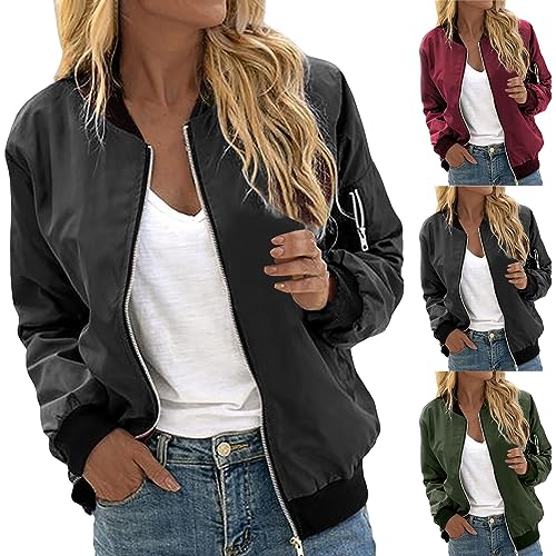 pvucpot Damen Casual Jacke Langarm Bomberjacke Reißverschluss Stehkragen Outwear Kurz Coat Herbst Frühling Casual Jacke Vintage Baseballkragen Jacke Langarm Outwear Kurz Coat Herbst Übergangsjacke von pvucpot