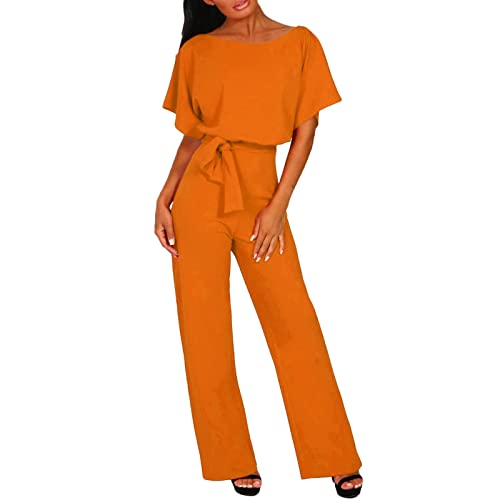 pvucpot Damen Elegant Jumpsuit O-Ausschnitt Lang Overall Hosenanzug Playsuit Romper (Orange, M) von pvucpot