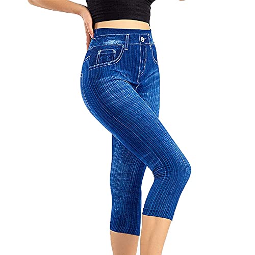pvucpot Damen High Waist Capri 3/4 Leggins Strass Blumen Steine Hose Jeans Look Leggings Jeggings Optik 8660 (Blau, XXL) von pvucpot