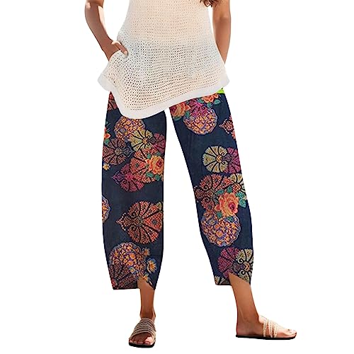 pvucpot Damen Hippie Haremshose Capri Thai Hose Leichte mit Taschen Dünn Boho Ethno Blumenmuster Muster Strand Sommerhose Yogahose von pvucpot