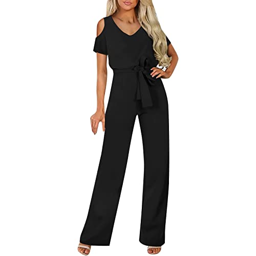 pvucpot Damen Kurzarm Lang Jumpsuit Elegant Overall Jumpsuits O-Ausschnitt Playsuit Romper Hosenanzug mit Gürtel von pvucpot