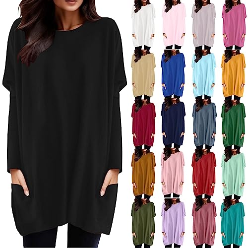 pvucpot Damen Lang Shirt Rundhals Langarmshirt Oberteil Einfarbig T-Shirt Tunika Loose Casual Kurzarmshirt mit Tasche Elegant Pullover Sweatshirt Lässig Tops Rundkragen Große Größen Longshirt von pvucpot