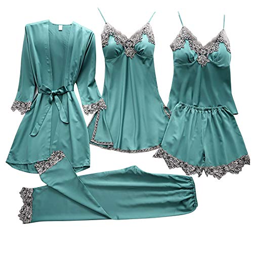 pvucpot Damen Nachtwäsche 5 teiliges Pyjama Set mit Blumenmuster Spitzenbesatz Satin Cami Pyjama-Set mit Robe von pvucpot