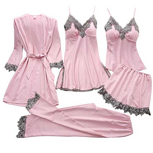 pvucpot Damen Nachtwäsche 5 teiliges Pyjama Set mit Blumenmuster Spitzenbesatz Satin Cami Pyjama-Set mit Robe von pvucpot