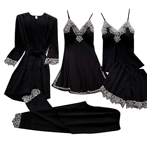 pvucpot Damen Nachtwäsche 5 teiliges Pyjama Set mit Blumenmuster Spitzenbesatz Satin Cami Pyjama-Set mit Robe von pvucpot
