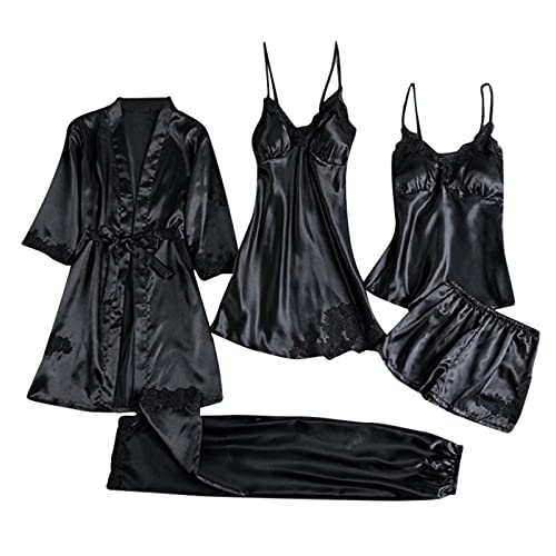 pvucpot Damen Nachtwäsche 5 teiliges Pyjama Set mit Blumenmuster Spitzenbesatz Satin Cami Pyjama-Set mit Robe von pvucpot