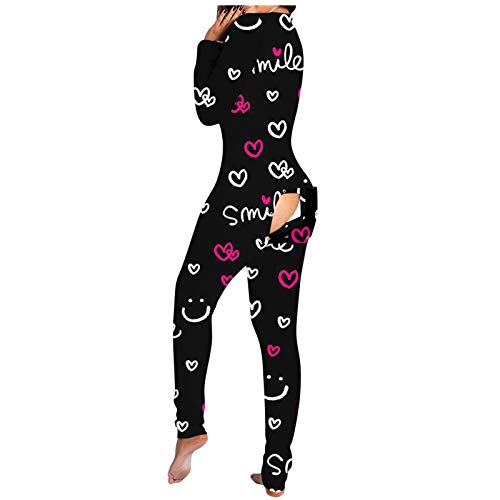 pvucpot Damen Sleepwear Mit Po-Klappe Warm Geschenk Für Frau Bunt Jumpsuit Sleepwear Für Erwachsene Hausanzug Onesies Einteiligen Pyjama Set Kuschelig Damen-Pyjama Schwarz Damen Lang Sexy Pyjama-Set von pvucpot