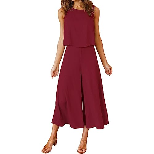 pvucpot Damen Sommer 2-teiliges Outfit Jumpsuit Elegant ärmellos Rundhals Tanktop gekürzte Weite Beinhose Outfit von pvucpot