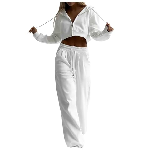 pvucpot Damen Trainingsanzug, Teenager Bauchfrei Kapuzenpullover Langarm Kurz Hoodie Sweatshirt Crop Pullover Tops Kapuzenjacke mit Kordel und Zip Zweiteiler Damen Freizeitanzug von pvucpot