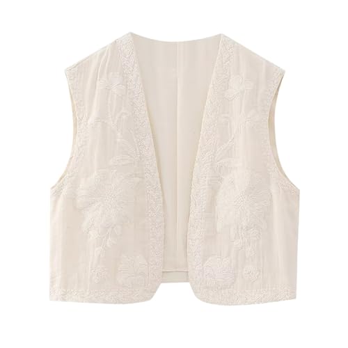 Damen Vintage Blumen Stickerei Kurze Weste Jacke Ärmellose Ethnische Bestickte Weste Traditionelle V-Ausschnitt Boho Westen für Frauen Patchwork Hippie Tops Vest von pvucpot