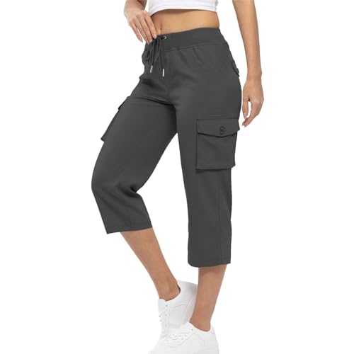 pvucpot Damen Wanderhose Outdoorhose 3/4 Sommerhose Capri Cargohose Leichte Stretch Trekkinghose Funktionshose Lange Caprihose Sport Wanderhose Leicht mit Taschen von pvucpot
