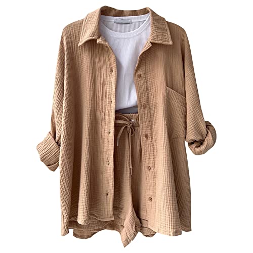 pvucpot Damen Zweiteiler Elegant Hosenanzug Sommer Outfits Kleidung 2 Teiler Set Bluse Top + Shorts Y2k Aesthetic Clothes Loungewear Anzug Outfit von pvucpot