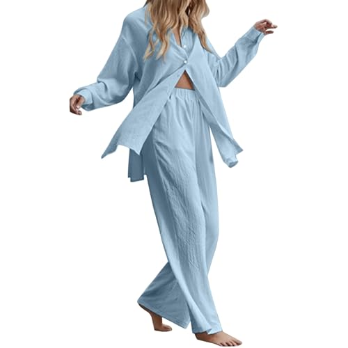 pvucpot Damen Zweiteiler Sommer Outfits Bluse Langarm mit Taschen+ Leinenhose Baggy Leichte Freizeitanzug Baumwolle Leinen Set Einfarbig Hausanzug für Frauen Leinen von pvucpot