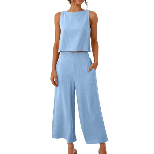 pvucpot Damen Zweiteilige Outfits Leinen Freizeitanzug Sommer Tank Top und Hose 2 Teiler Hosenanzug Casual Einfarbig Jogginganzug Elegant Leicht Loungewear mit Taschen Strand Leinenanzug Outfit von pvucpot