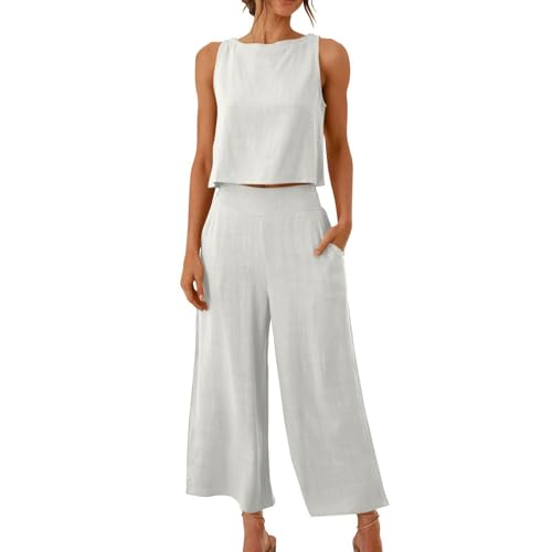 pvucpot Damen Zweiteilige Outfits Leinen Freizeitanzug Sommer Tank Top und Hose 2 Teiler Hosenanzug Casual Einfarbig Jogginganzug Elegant Leicht Loungewear mit Taschen Strand Leinenanzug Outfit von pvucpot