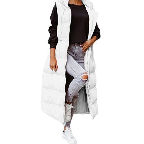 pvucpot Daunenweste Damen Lang Wintermantel Vest mit Kapuze Leichte Gesteppte Weste Maxi Mantel Ärmellose Jacke Daunenmantel mit Taschen Steppweste Daunenjacke Steppjacke Outdoor Winterjacke Weste von pvucpot