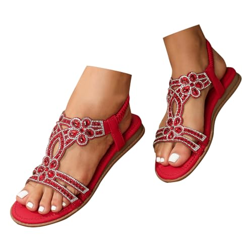 pvucpot Flache Sandalen Damen Große Größen Strass Bohemia T-Riemen Frauen Sandalen Weichen Sohlen Sommerschuhe Gummiband Slingback Sandalen Elegante schöne Sandalen Mädchen Strandschuhe von pvucpot