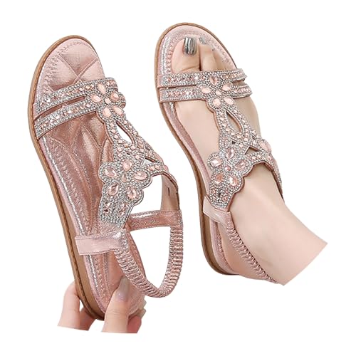 pvucpot Flache Sandalen Damen Große Größen Strass Bohemia T-Riemen Frauen Sandalen Weichen Sohlen Sommerschuhe Gummiband Slingback Sandalen Elegante schöne Sandalen Mädchen Strandschuhe von pvucpot