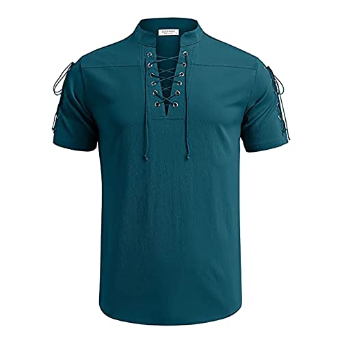 pvucpot Herren Leinenhemd Traditioneller Retro-Stil Schnürung Kurzarm Shirt von pvucpot