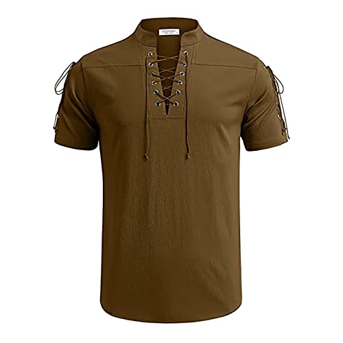 pvucpot Herren Leinenhemd Traditioneller Retro-Stil Schnürung Kurzarm Shirt von pvucpot