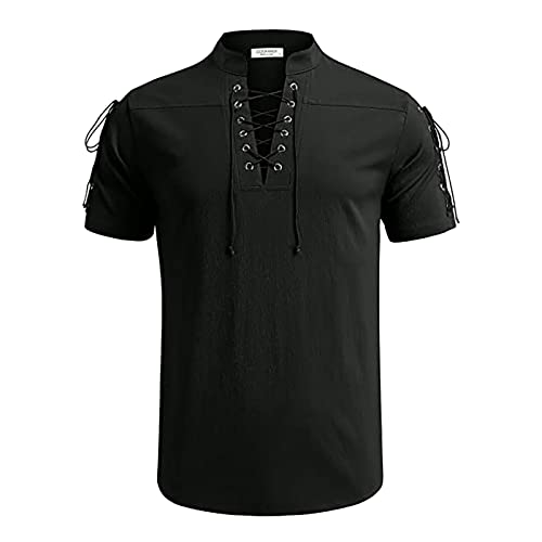 pvucpot Herren Leinenhemd Traditioneller Retro-Stil Schnürung Kurzarm Shirt von pvucpot