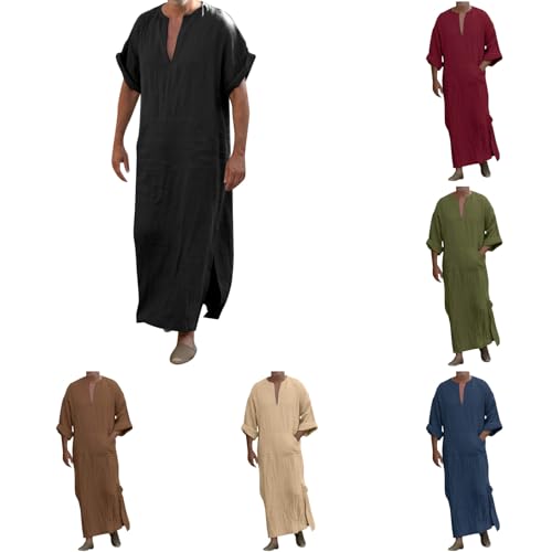 pvucpot Herren Nachthemd Kurzarm Kaftan Herren Baumwolle Cotton Robes V-Ausschnitt Nachtwäsche Mit Taschen Herrenhemd Lässige von pvucpot