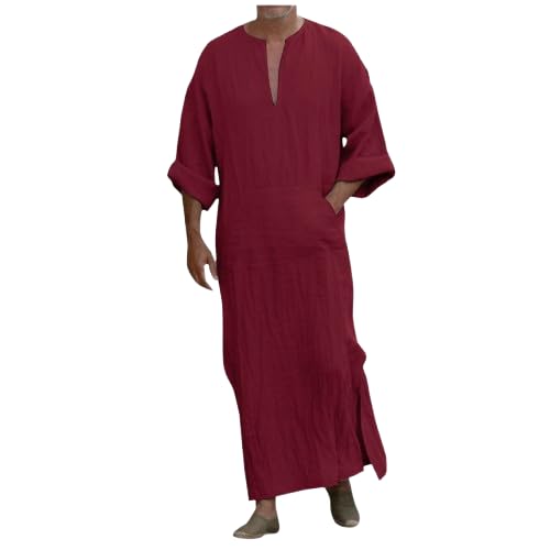 pvucpot Herren Nachthemd Kurzarm Kaftan Herren Baumwolle Cotton Robes V-Ausschnitt Nachtwäsche Mit Taschen Herrenhemd Lässige von pvucpot